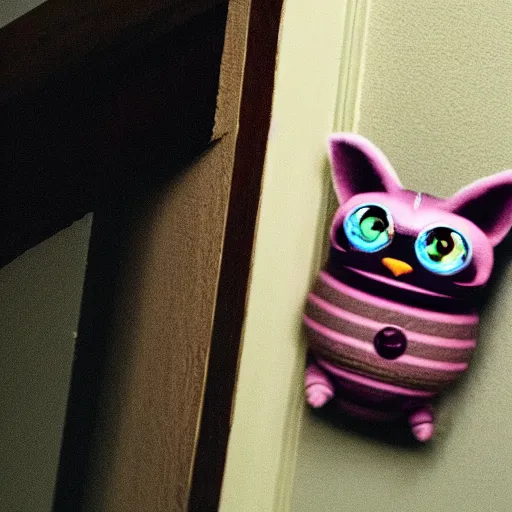 Prompt: Found footage of a dimly lit bedroom with a single furby sitting in the center of the room, staring at the viewer in the doorframe