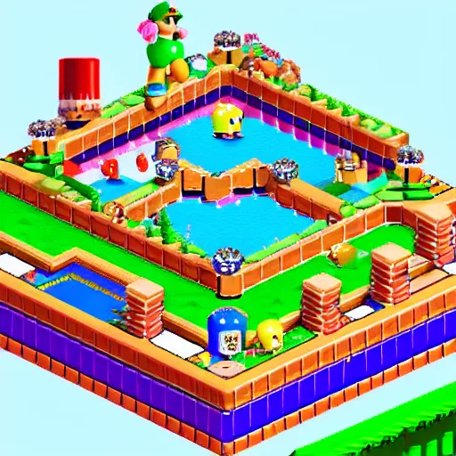 Image similar to an isometric view of the first level in super mario brothers