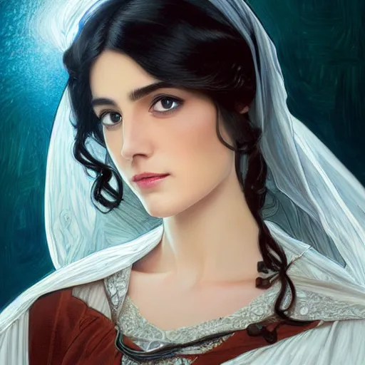 Image similar to Ameera al-Taweel, bright blue eyes, wavy black hair, white veil, highly detailed, digital painting, artstation, concept art, smooth, sharp focus, illustration, ArtStation, art by artgerm and greg rutkowski and alphonse mucha and J. C. Leyendecker and Edmund Blair Leighton and Katsuhiro Otomo and Geof Darrow and Phil hale and Ashley wood and Ilya repin and Charlie Bowater