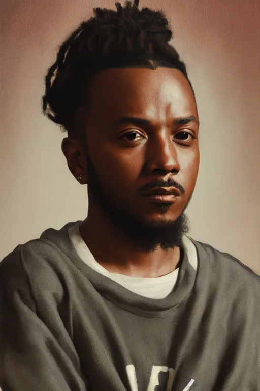 Prompt: Kendrick Lamar, oil on canvas, artstation, by Basquiat, J. C. Leyendecker and Edmund Blair Leighton and Charlie Bowater, octane render