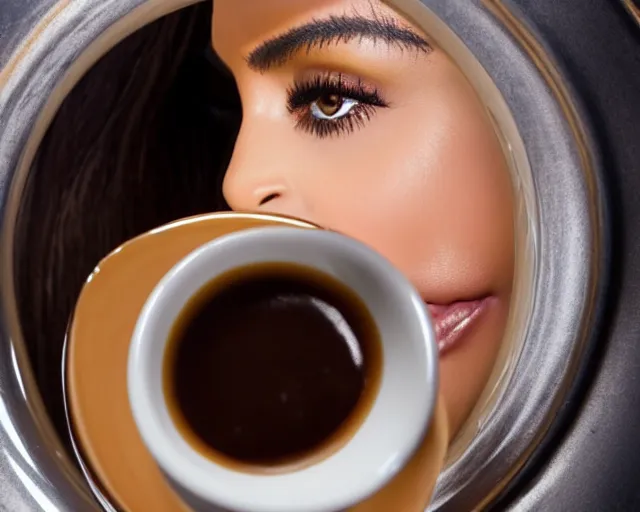 Image similar to Kim Kardashian peeking out of a giant espresso cup, cinematic, highly detailed, HD, 4K, professional image, professional lighting