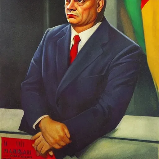 Image similar to highly detailed propaganda poster portrait of the leader of fascist hungary, viktor orban looking into the distance, oil pipes in the background, by edward hopper