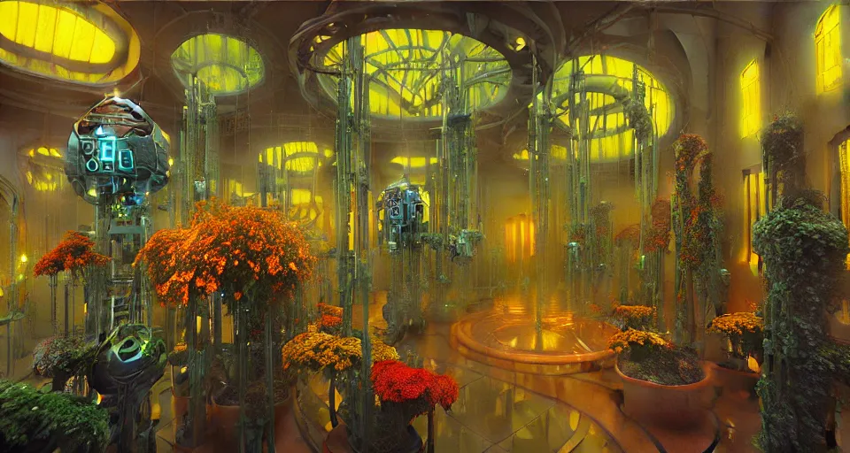 Prompt: a bright minimalist bioluminescent oil painting by donato giancola, warm coloured, cinematic scifi luxurious futuristic foggy steam filled victorian garden with microscopy radial windows flowers growing out of pretty bulbous ceramic fountains, gigantic pillars and flowers, maschinen krieger, beeple, star trek, star wars, ilm, atmospheric perspective