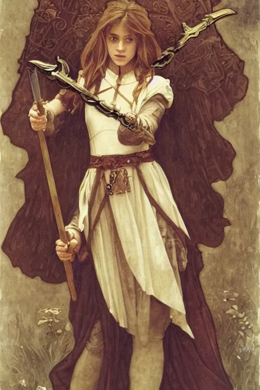 Prompt: hermione granger wearing medieval armour, bouguereau and mucha