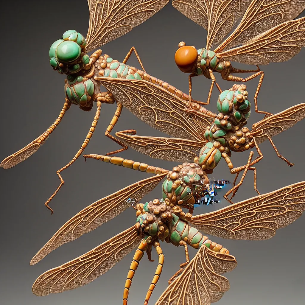 Prompt: A single Close up photo-real delicate ceramic porcelain sculpture of an ornate Dragonfly detailed in front of an intricate background by Victo Ngai and takato yamamoto, micro detail, backlit lighting, face in focus, subsurface scattering, translucent, thin porcelain, octane renderer, colorful, physically based rendering, japanese pottery, trending on cgsociety