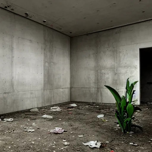 Image similar to an abandoned modern art deco room in a concrete building, few plants, dreamy, overcast, by hans bellmer