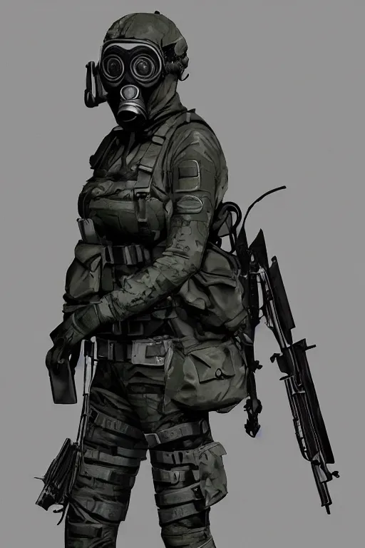 Image similar to british sas female operative with the standard s 1 0 gas mask and the black uniform, 8 0 s, artstation, trending on artstation, establishing shot