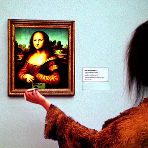 Image similar to drunk monkey drawing on mona lisa with crayons in the louvre, [ photoreal ]