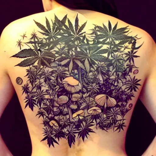 Prompt: back tattoo, tattoo photography, Marijuana, marijuana leaves, mushrooms, magic mushrooms, marijuana buds