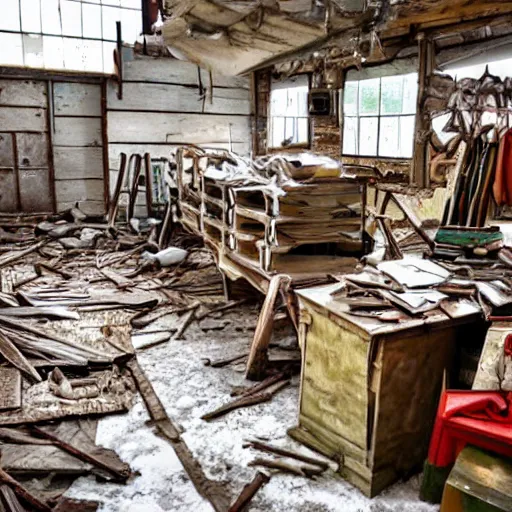 Prompt: santa's abandoned workshop