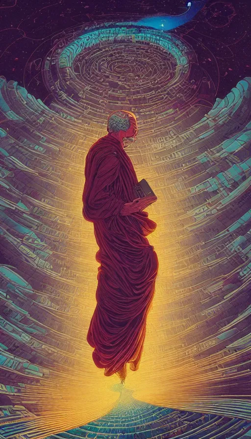 Image similar to The oracle of bibliophiles on cosmic cloudscape, italian futurism, Dan Mumford, da vinci, Victo Ngai, Kilian Eng, Josan Gonzalez