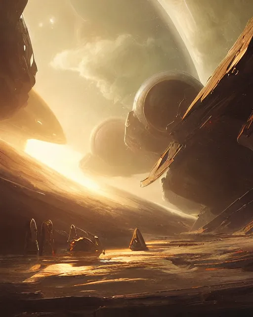 Image similar to A matted painting of Aliens of the Sun on a spaceship environment with expansive views of space, inspired by greg rutkowski and Keith Mallett, digital art, extremely moody lighting, glowing light and shadow, atmospheric, shadowy, cinematic