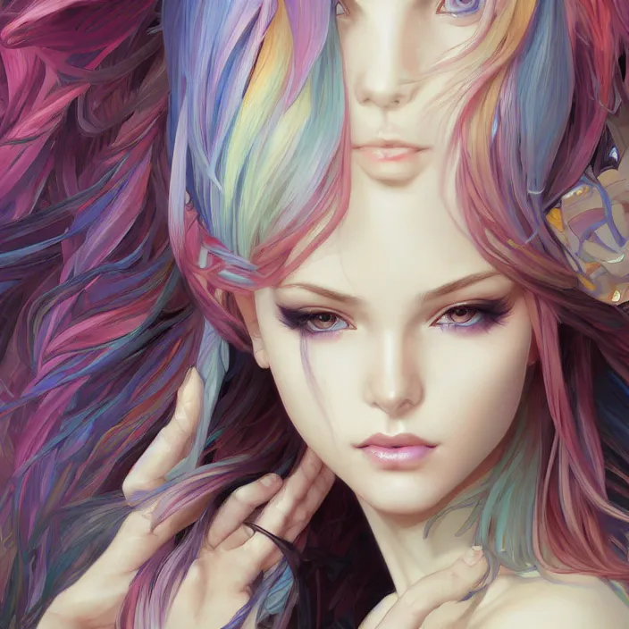 Prompt: portrait of beautiful symmetrical anime girl, rainbow hair, attractive, casual, modern, victoria's secret, highly detailed, digital painting, artstation, concept art, smooth, sharp focus, illustration, art by artgerm, greg rutkowski and alphonse mucha, 8 k,