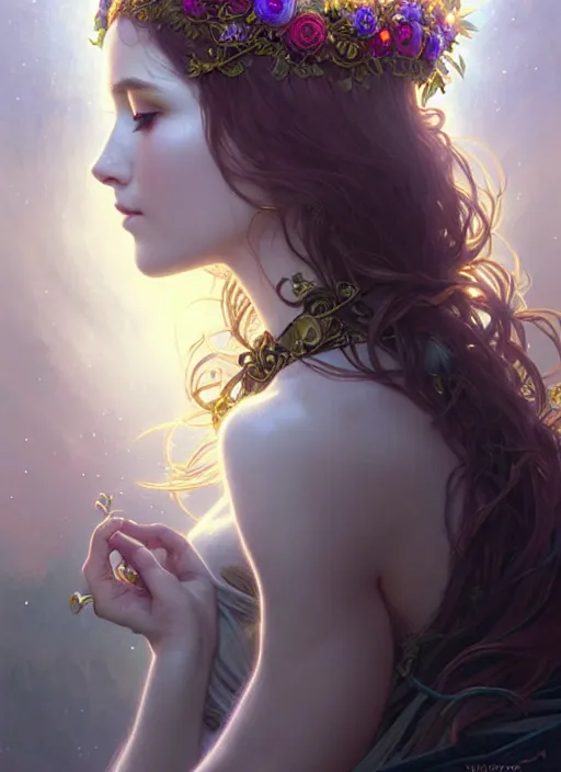 Prompt: a beautiful cinematic female druid goddess, flower Crown, galatic shamen with Quantum energy fantasy, fantasy magic, undercut hairstyle, dark light night, intricate, elegant, sharp focus, illustration, highly detailed, digital painting, concept art, matte, art by WLOP and Artgerm and Greg Rutkowski and Alphonse Mucha, masterpiece