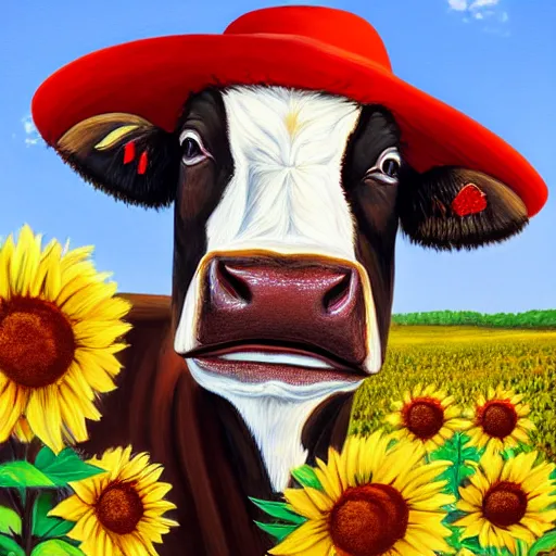 Image similar to head portrait of southern belle cow wearing a red farmers hat, surrounded by sunflowers outside in a field, 4k, illustration