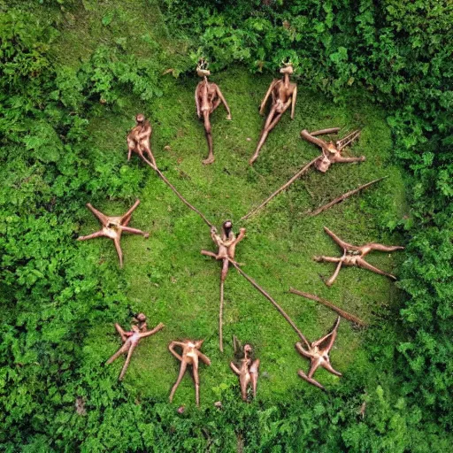 Image similar to aerial hd photograph of a uncontacted crowd of scantly clad african congo tribe looking into camera