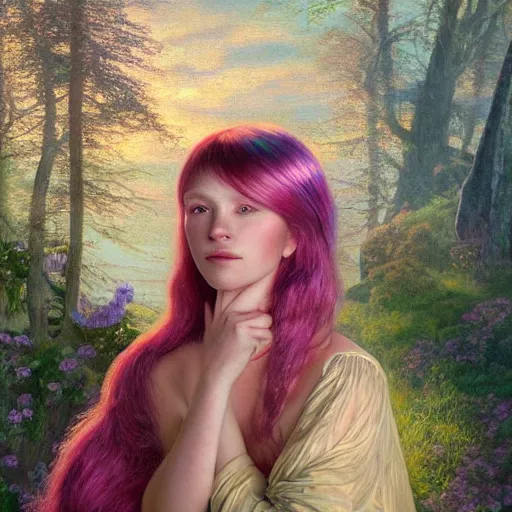 Prompt: A beautiful portrait of a woman with iridescent skin by James C. Christensen, scenic environment, pink hair