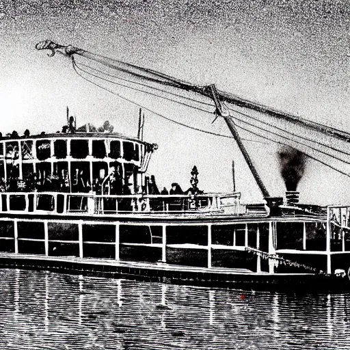 Prompt: steamboat willie sinking the mark twain riverboat at disneyland after crashing into a canoe. there are no survivors. highly detailed, high definition, ultra realistic