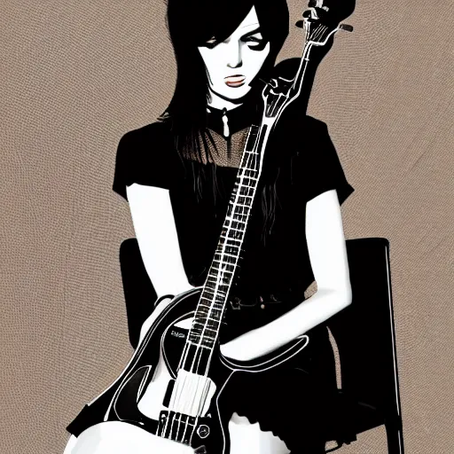 Image similar to beautiful goth girl with short black hair playing an electric guitar sitting on a chair, 8k, super detailed, extremly detailed face, sharp, drawing, illustration