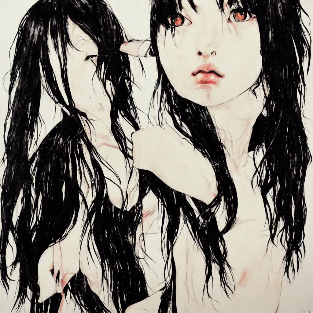 Image similar to Harry Weisburd Artwork Black Wet Hair, Hachishakusama, Eight-Feet-Tall, #One shot Goddess, Full Body abnormal