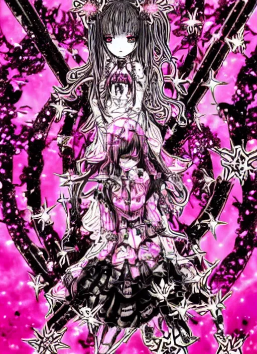 Prompt: spiked bloodmoon goregrind sigil stars draincore, baroque bedazzled gothic royalty frames surrounding a hellfire hexed witchcore aesthetic, dark vhs broken hearts, neon glyphs spiked pixelsort fairy kei decora doll by guro manga artist Shintaro Kago