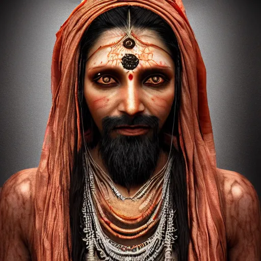 Image similar to Female Aghori Sadhu portrait, veins, nervous system, sinew, 8k , high octane render, unreal engine 5, IMAX quality, hyperdetailed, realistic, golden ratio, intricate, cinematic lighting,