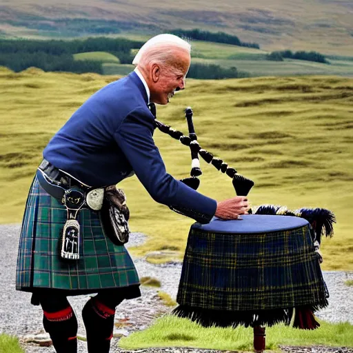 Image similar to joe biden wearing a kilt and playing a bagpipe in the scottish highlands, 8 k, very detailed,