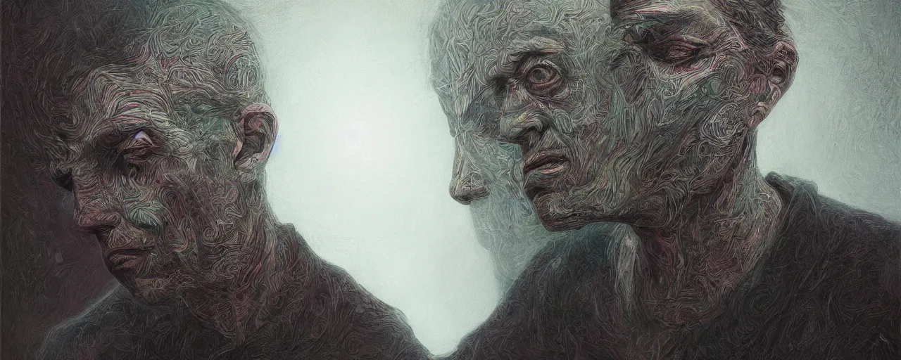 Image similar to portrait of a one man in the style of android jones and zdzislaw beksinski