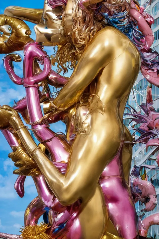 Prompt: an extreme close - up of a statue chrome cyborg lycra nymph with long flowing golden blonde hair wrestling with a giant flamingo, tropical flower plants, thick pigmented smoke, by jeff koons, hajime soryama, boris vallejo, artgerm, greg rutkowski, alphonse mucha