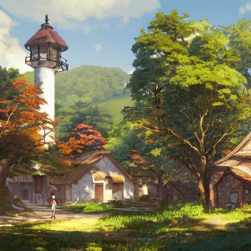 Image similar to concept art painting of a historic bakery with european and japanese architecture, in a woodland village surrounded by trees, in a mountain valley, realistic, detailed, cel shaded, in the style of makoto shinkai and greg rutkowski and james gurney