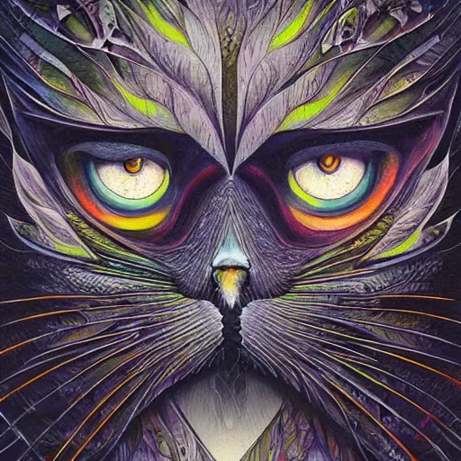 Prompt: a simple crow-like cat painting by Android Jones and M. C. Escher collaboration, futurist, digital art, dramatic lighting