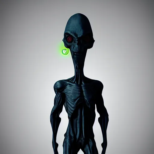Image similar to full body dark and intimidating portrait of an angry grey alien with sharp glowing black eyes, standing upright with blue wispy light highlighting from behind its figure on a black background, scary, dark and high resolution, 3 d, rim lighting, octane render, 8 k, ultradetailed, photorealistic,
