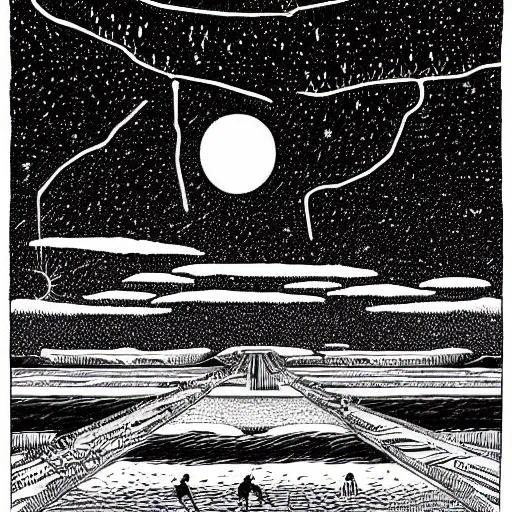 Image similar to by apollonia saintclair, by carsten meyerdierks depressing, tranquil mayan. a illustration of a group of flying islands, each with its own unique landscape, floating in the night sky. the islands are connected by a network of bridges. a small group of people can be seen walking along one of the bridges.