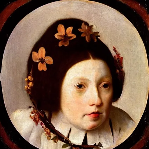 Image similar to “portrait of a redhair women with flowers over her head and a white dress, diego velazquez style, sharp focus, detailed”