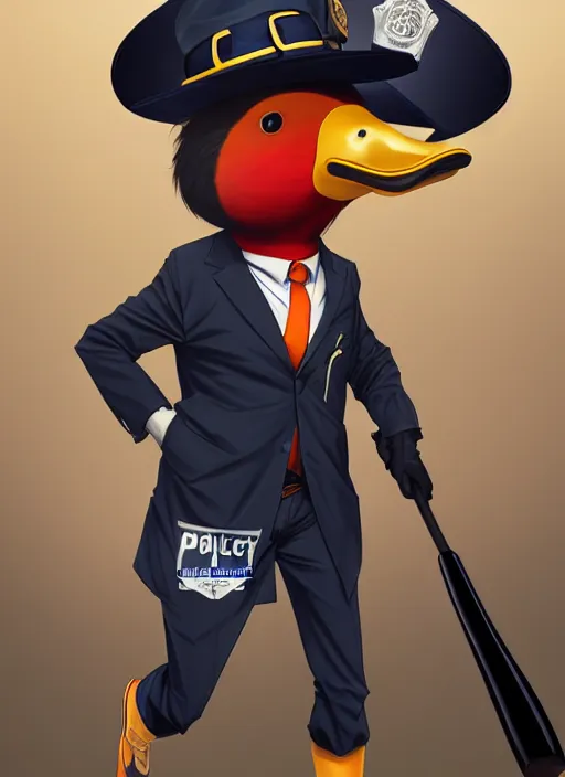 Image similar to commissioned full body portrait of a male anthro duck fursona with a duck head wearing a nice black suit and a fedora holding a baseball bat sitting on the hood of a police patrol car in a baseball stadium, by a professional manga illustrator, Stanley Artgerm Lau, WLOP, Rossdraws, James Jean, Andrei Riabovitchev, Marc Simonetti, and Sakimichan, trending on artstation