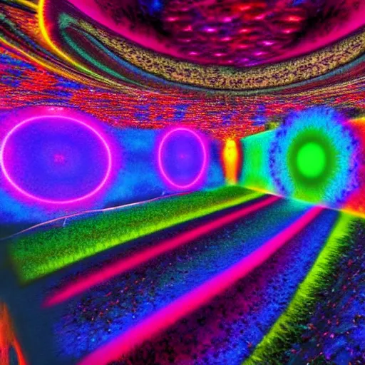 Image similar to underground cinema, psychedelic, colorfull lights, fractals, godrays