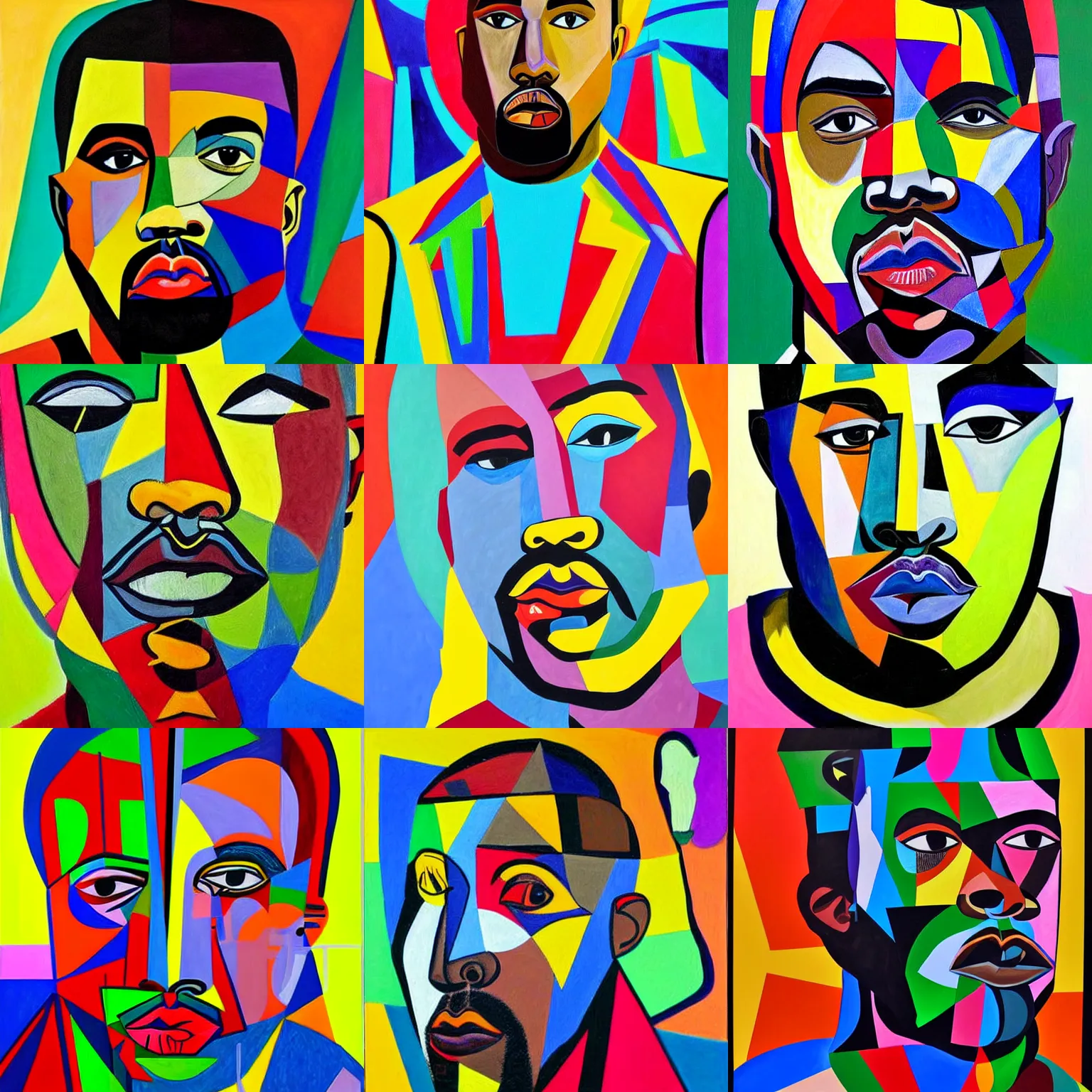 Prompt: painting, portrait of Kanye West, colourful , cubism, abstract in the style of Pablo Picasso