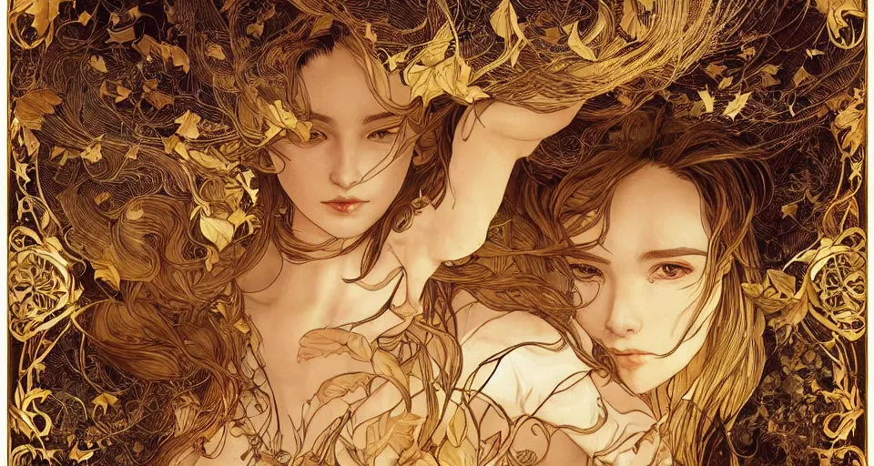 Image similar to golden leaves at frame border, creative!!! composition for a book cover!!!, absurdly beautiful, ultrafine hyperrealistic detailed old!! witch face by wlop and artgerm and alphonse mucha, intricate linework, sharp focus, smooth, octopath traveler, final fantasy, unreal engine, dramatic lighting, ethereal, 8 k