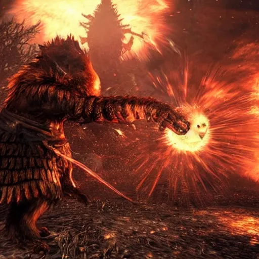Prompt: a hamster fighting a monster in dark souls 3