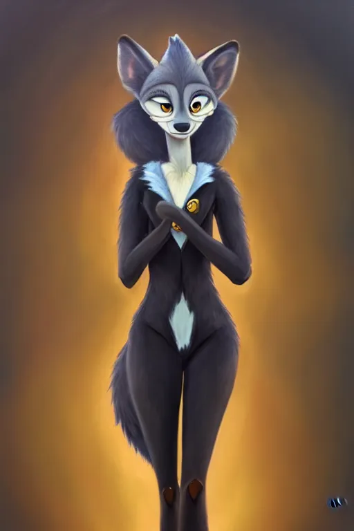 Image similar to oil painting of anthromorphic female wolf, in style of zootopia, female fursona, furry, furaffinity, 4 k, deviantart, furry art, fursona art, wearing black business suit, business suit, wolf fursona, female, smug expression,