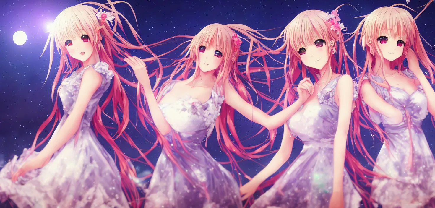 Image similar to two beautiful anime girls wear anime dress in festival | | sunny night, full moon, dreamlike art, realistic shaded, smile, good looking, hyper details, 4 k realistic, cryengine, realistic shaded lighting poster by artgerm, ross tran, fuji choko, 8 k resolution, trending on artstation, luxury