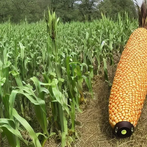 Prompt: trail cam footage of ominous floating corn cobs