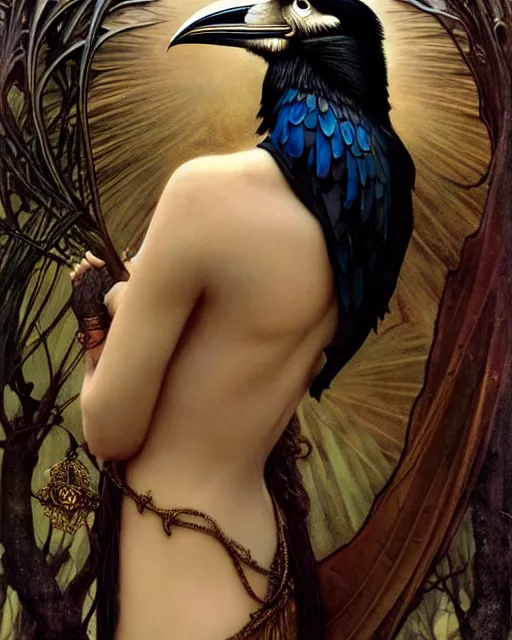 Image similar to goddess of ravens, unusual beauty, emotionally evoking symbolic metaphors, head in focus, fantasy, ornamental, intricate, elegant, sensual, highly detailed digital painting, artstation, concept art, painterly, golden ratio, sharp focus, illustration, art by John Collier and Krenz Cushart and Artem Demura and Rafael and Alphonse Mucha and Albert Aublet