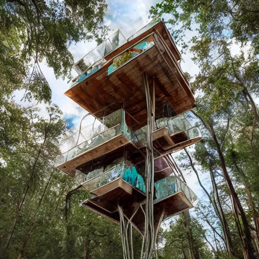 Image similar to exquisitely Intricate marble and opal treehouse, lucid, vivid, mystical, wide angle, high detail, 8k, justin totemical