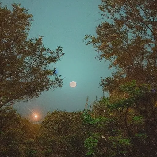 Prompt: The moon was shining in a clearing with flowers, Reflected the sun in blue, Lights in every house Through the foliage of trees, soothing, relaxed, serene, soothing, cozy, calm, quiet, pastel, delicate, elegant, refined, fragrant, soft, airy, elegant, gentle, soft, light