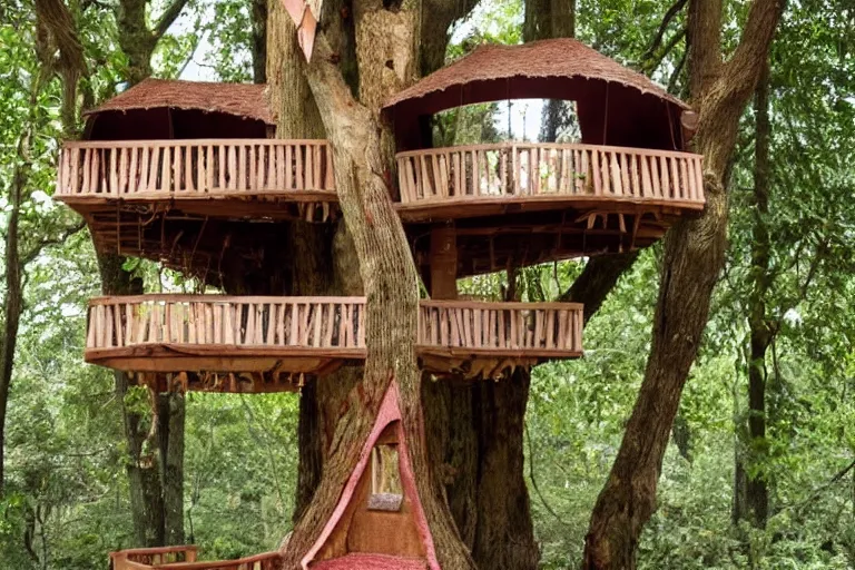 Prompt: a bed made of chocolate inside a tree house