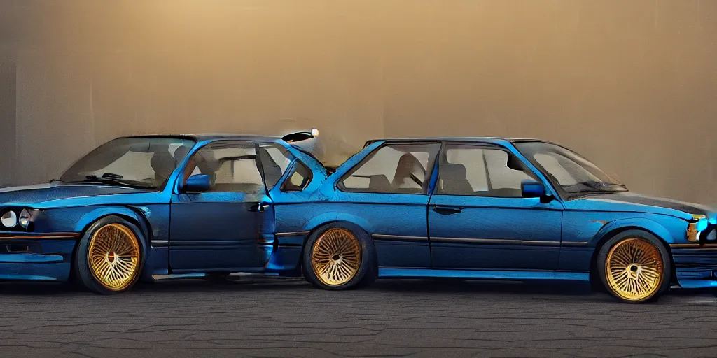 Image similar to a design of a bmw e30, designed by Polestar, blade runner background, iridescent blue car paint, wrapped in extremely ornate and intricate golden leaf, black windows, dramatic lighting, hyper realistic render, depth of field, 8k, rendered in octane