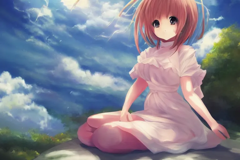 Image similar to a cute anime girl sitting on a cloud, digital painting, anime, portrait