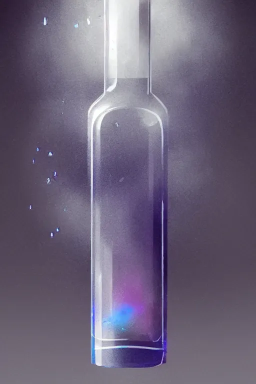 Image similar to concept art of an apple computer dietary supplement in a transparent bottle filled with blue magenta iridescent liquid, by greg rutkowski, black and white tones, white background, digital painting, artstation, concept art, smooth, sharp foccus ilustration hq