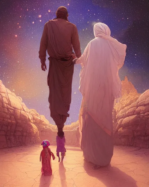 Image similar to bedouin man and woman and child in galaxy walking towards mosque surrounded by nebula, highly detailed, gold filigree, romantic storybook fantasy, soft cinematic lighting, award, disney concept art watercolor illustration by mandy jurgens and alphonse mucha and alena aenami, pastel color palette, featured on artstation